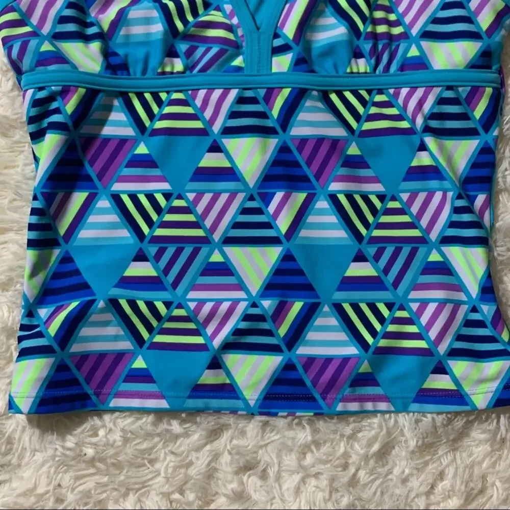 Justice Girls Swim Tank Blue and Geometric Print